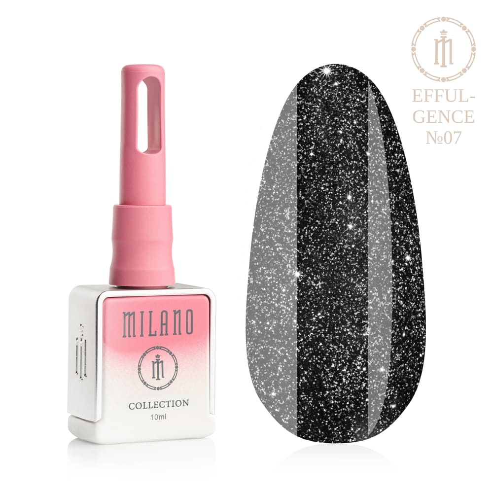 Представяне на Milano Effulgence Collection Premium Gel Polish #07: Отляво е знаковата квадратна бяла бутилка от 10 ml с розово-бял градиент и дълга розова капачка, а отдясно е голям овален макет на върха, който показва наситен въгленно черен нюанс, плътно наситен със сребрист микроблясък и искрящи частици с ефект на нощна звезда на небето, на чисто бял фон"