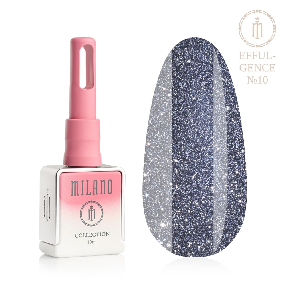 Представяне на Milano Effulgence Collection Premium Gel Polish #10: Отляво е знаковата квадратна бяла бутилка от 10 ml с розово-бял градиент и дълга розова капачка, а отдясно е голям овален макет на връх, показващ благороден стоманено сиво-син нюанс с наситен дънков нюанс, наситен с много искрящи сребърни частици и микроблясъци, върху чисто бял фон"