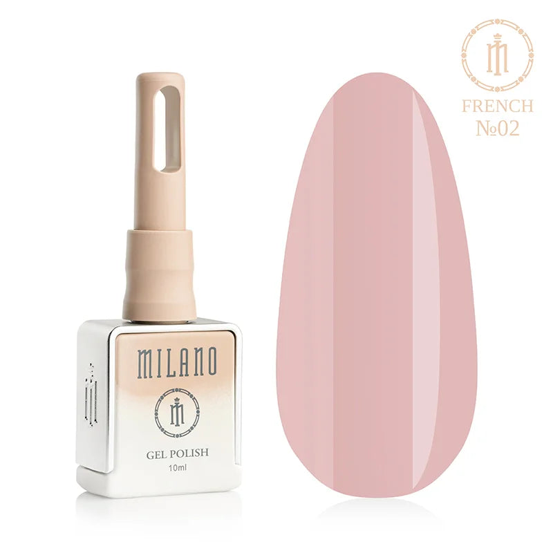 „Milano French Gel Polish No. 02: бутилка от 10 мл с бежов градиент и демонстрация на елегантен прашнорозов нюанс върху голяма палитра от капки, осигуряваща плътно камуфлажно покритие с изискан хладен подтон.“