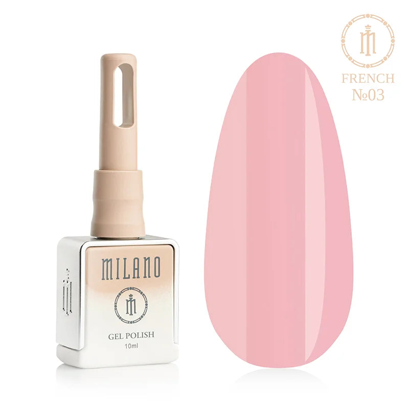 „Milano French Gel Polish No. 03: бутилка от 10 мл с характерен бежов градиент и демонстрация на класически полупрозрачен розов нюанс върху голяма палитра от капки, създаваща ефекта на нежни и добре поддържани нокти във френски маникюр.“