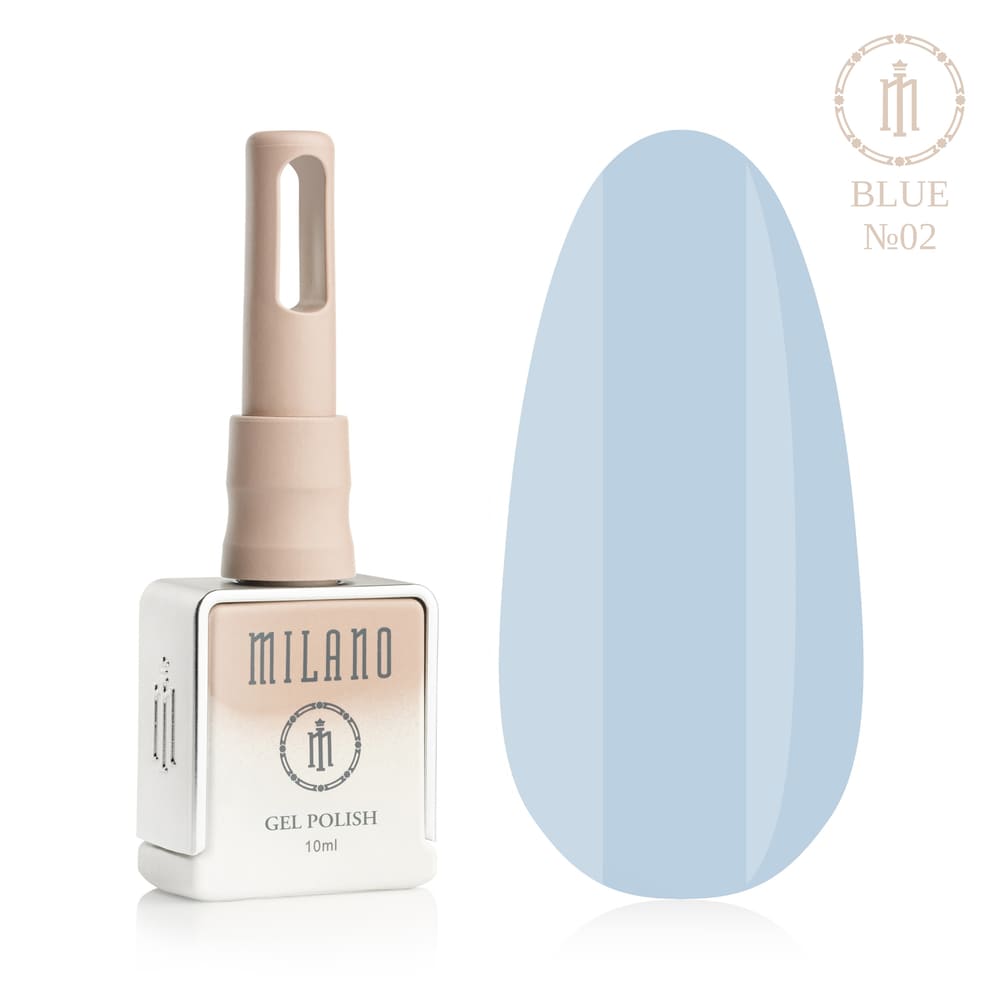 „Представяне на Milano Gel Polish Blue Premium #02: отляво е характерна квадратна бутилка от 10 ml в мек гол градиентен дизайн с кръгло лого, а отдясно е голям овален макет на върха, показващ изразителен кралскосин, ярък ултрамарин или сочен електрически нюанс, на чисто бял фон“