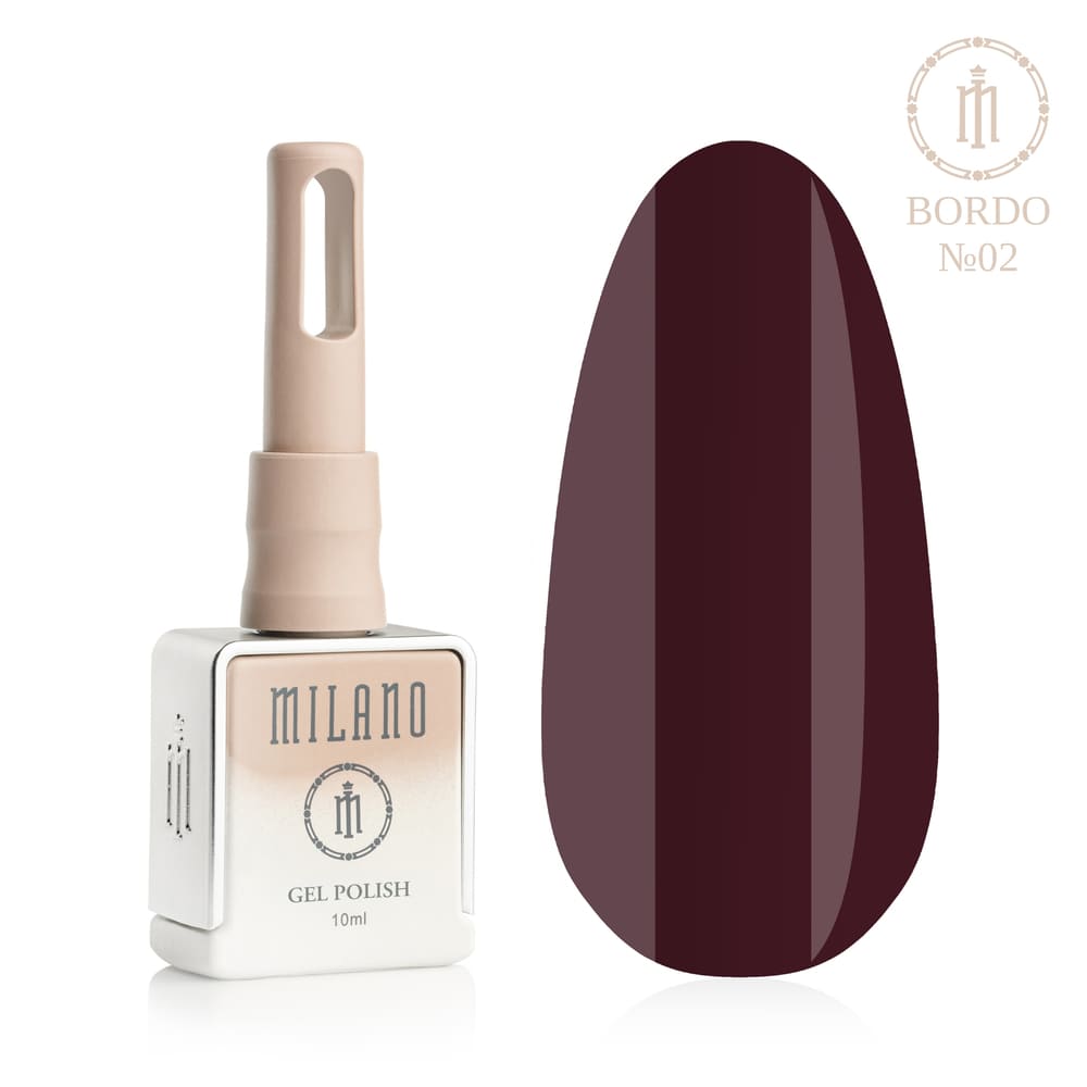 „Представянето на Milano Gel Polish Bordo Premium #02: отляво е характерна квадратна бутилка от 10 ml в мек гол градиентен дизайн с кръгло лого, а отдясно е голям овален макет на върха, който показва сочна зряла череша, наситено карминово бордо или наситен нюанс на тъмна череша, върху чисто бял фон“