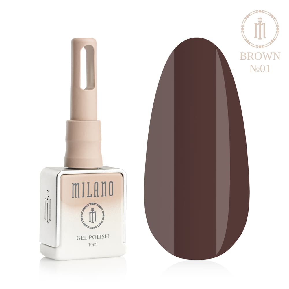 „Представяне на Milano Gel Polish Brown Premium #01: отляво е знаковата квадратна бутилка от 10 ml в мек гол градиентен дизайн с кръгло лого, а отдясно е голям овален макет на върха, показващ дълбок класически шоколад, наситен цвят на тъмно какао или благороден тъмнокафяв нюанс на покритието, върху чист бял фон“