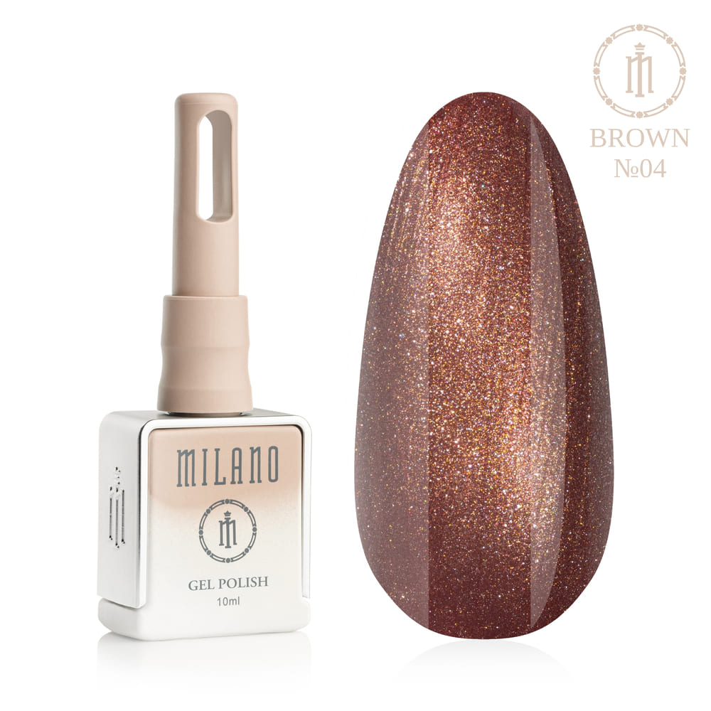 „Рецепция на Milano Gel Polish Brown Premium #04: отляво е знаковата квадратна бутилка от 10 ml в мек гол градиентен дизайн с кръгло лого, а отдясно е голям овален макет на връх, който показва луксозен бронзово-кафяв нюанс с жив микроблясък, сияещо златно кафе или магнитен блясък, на чисто бял фон“