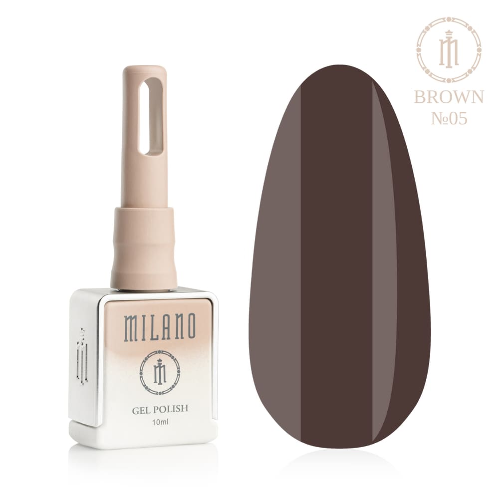 „Представяне на Milano Gel Polish Brown Premium #05: отляво е подписана квадратна бутилка от 10 ml в мек гол градиентен дизайн с кръгло лого, а отдясно е голям овален макет на върха, който показва наситено тъмнокафяво, плътен цвят на силно еспресо или наситен нюанс на тъмен шоколад със студен подтон, върху чист бял фон“