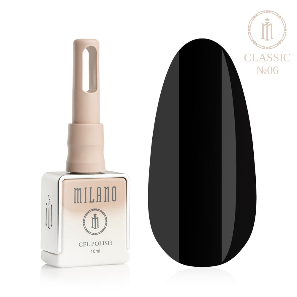 „Представяне на Milano Gel Polish Classic Premium #06: отляво е знаковата квадратна бутилка от 10 ml в мек гол градиентен дизайн с кръгло лого, а отдясно е голям овален макет на връх, показващ ултрачерно, изключително наситено класическо черно или огледално покритие с въглен, върху чисто бял фон“