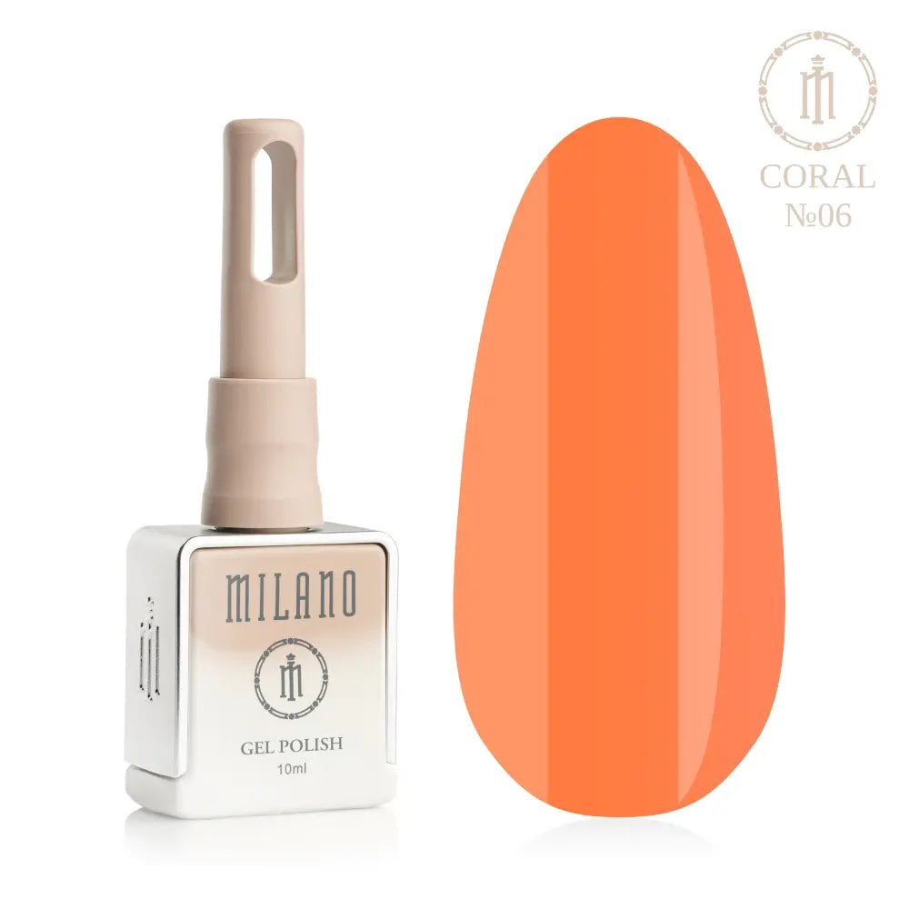 Представяне на гел лак Milano Gel Polish Coral Premium No. 06: отляво е брандираният квадратен флакон от 10 мл в мек лилав градиентен дизайн с кръгло лого, а отдясно е голям овален макет на върха, който демонстрира дълбок и плътен коралово-теракотен или топъл интензивен коралов нюанс, на чисто бял фон.