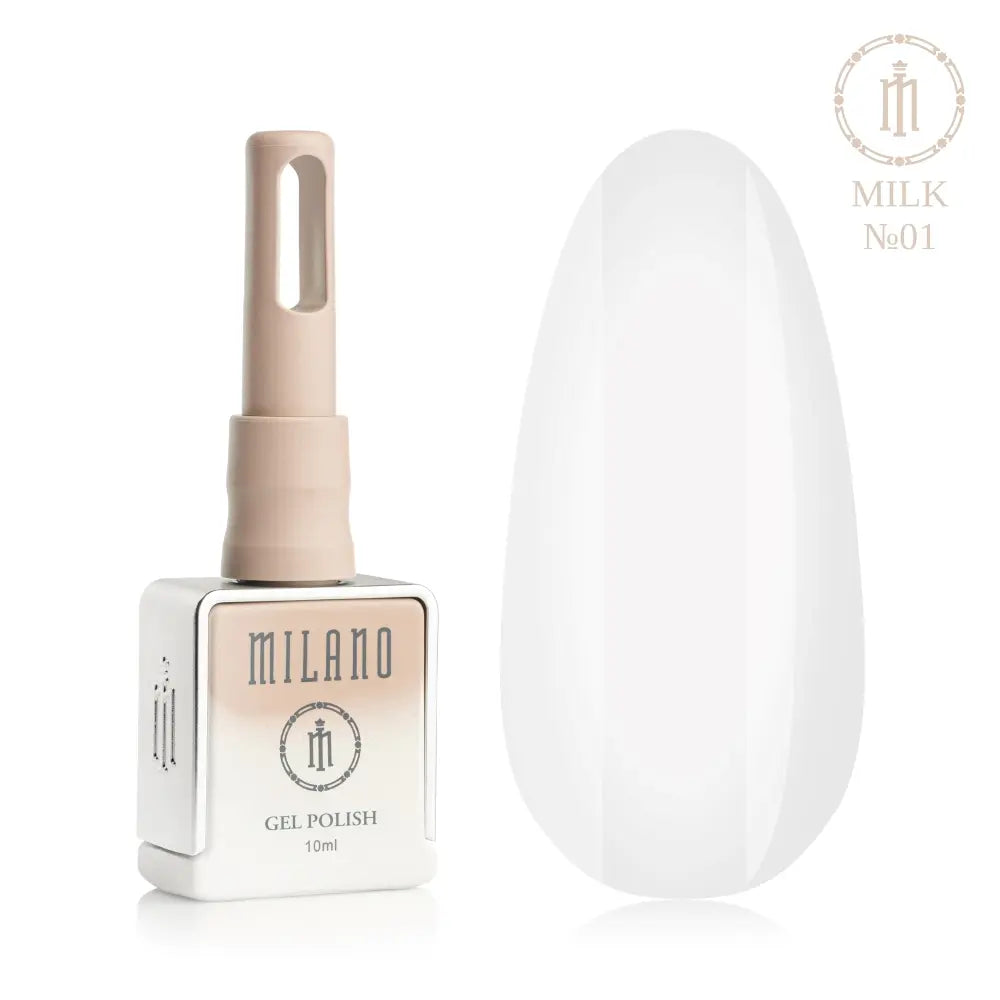 Представяне на гел лак Milano Gel Polish Milk Premium No. 01: отляво е брандираната квадратна бутилка от 10 мл в нежно лилав градиентен дизайн с кръгло лого, а отдясно е голям овален макет на върха, който демонстрира класически полупрозрачен млечнобял нюанс с лек ефирен ефект, върху чисто бял фон.