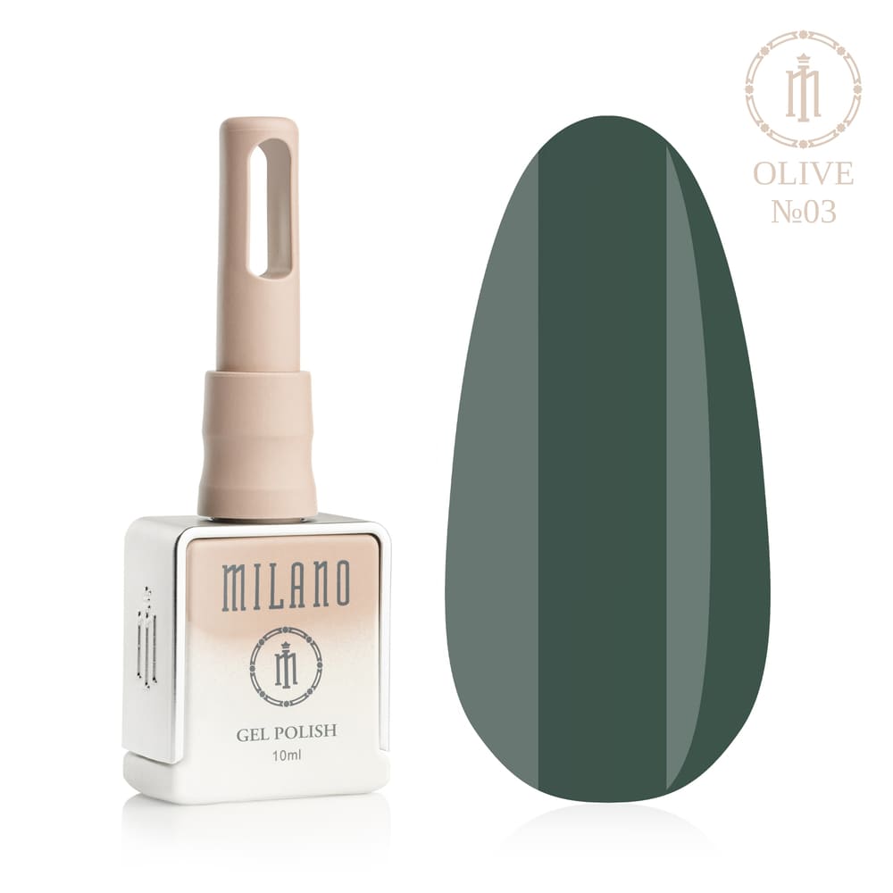 „Представяне на Milano Gel Polish Olive Premium #03: отляво е характерна квадратна бутилка от 10 ml в мек гол градиентен дизайн с кръгло лого, а отдясно е голям овален макет на върха, показващ приглушено тъмно маслинено, наситено борово зелено или благороден военен цвят със студен подтон, върху чисто бял фон“