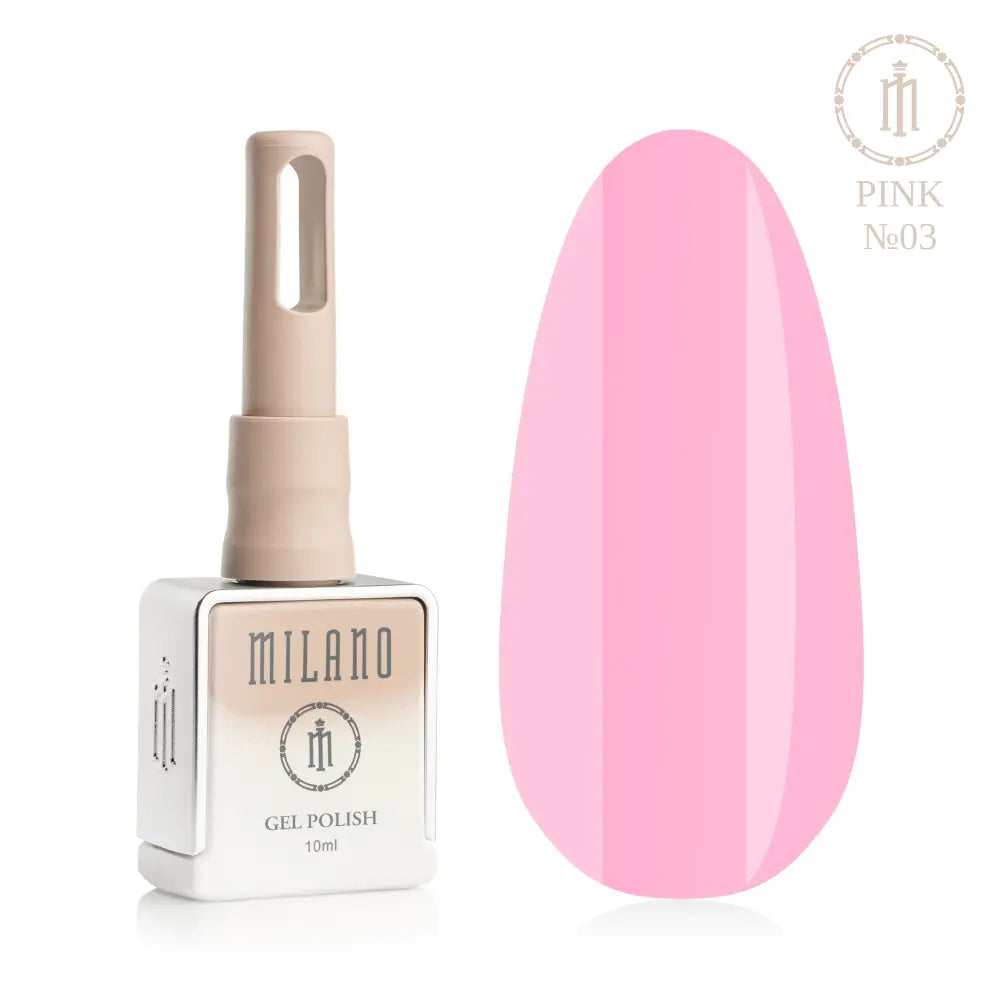 Представяне на гел лак Milano Gel Polish Pink Premium No. 03: отляво е брандираният квадратен флакон от 10 мл в мек нюд градиентен дизайн с кръгло лого, а отдясно е голям овален макет на върха, който демонстрира свеж розов нюанс на дъвка или чисто розово маршмелоу, на чисто бял фон.