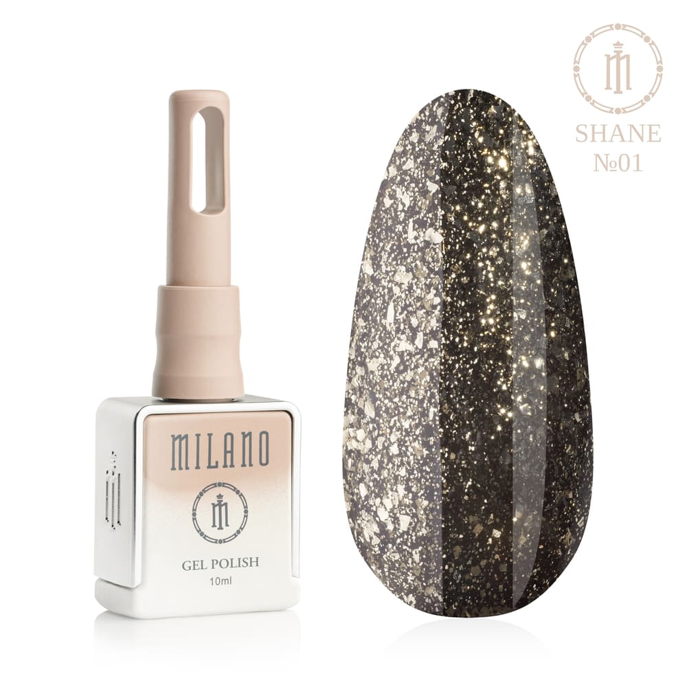 „Представяне на Milano Gel Polish Shane Premium #01: отляво е знаковата квадратна бутилка от 10 ml в мек нюд градиентен дизайн, а отдясно е голям овален макет на върха, който показва наситен тъмен нюанс, наситен със сребристо-златисти люспи от метално фолио (топящ се ефект) с отчетливо искрящо лъскаво отражение, върху чист бял фон“
