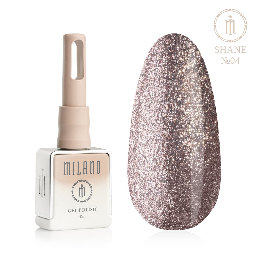 „Въведение в Milano Gel Polish Shane Premium #04: отляво е знаковата квадратна бутилка от 10 ml в мек гол градиент, а отдясно е голям овален макет на връх, който демонстрира благороден платинено сребрист нюанс на шампанско, изцяло изпълнен с плътен, ослепителен блясък за супер блестящ завършек, на чисто бял фон“