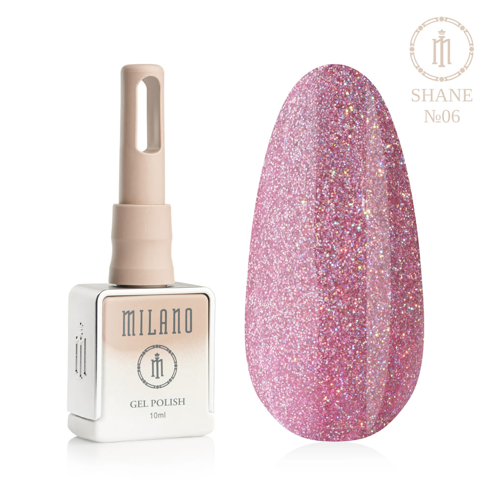 „Представяне на Milano Gel Polish Shane Premium #06: отляво е подписаната квадратна бутилка от 10 ml в мек нюд градиент, а отдясно е голям овален макет на върха, показващ ефирен лилаво-розов или светло орхидеен нюанс, изпълнен с микроскопичен холографски блясък с магически 3D блестящ ефект, върху чисто бял фон“