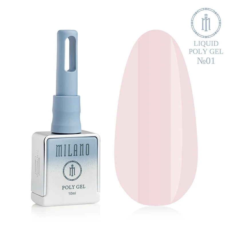 „Milano Liquid Poly Gel No. 01: елегантен черен флакон от 15 мл и демонстрация на чист, наситен бял нюанс върху голяма палитра с капки, идеален за създаване на класически френски маникюр или пълно покритие на нокътната плочка.“