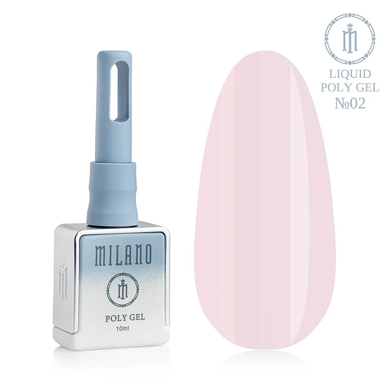 „Milano Liquid Poly Gel No. 02: черна бутилка от 15 мл и демонстрация на деликатен полупрозрачен млечнорозов нюанс върху голяма палитра от капки, който създава естествен ефект на здрави нокти и е идеален за камуфлаж.“