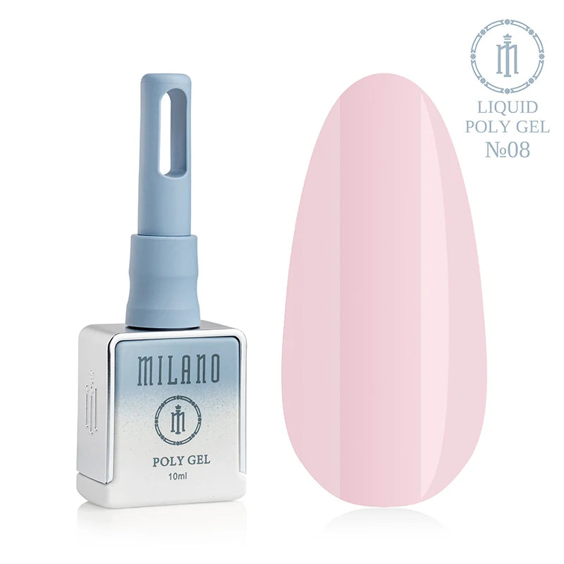 „Milano Liquid Poly Gel No. 08: черно шишенце от 15 мл и демонстрация на дълбок камуфлажен бежов нюанс с лек прасковен подтон върху голяма палитра от капки, която осигурява плътно покритие и перфектно изравнява цвета на нокътната плочка.“