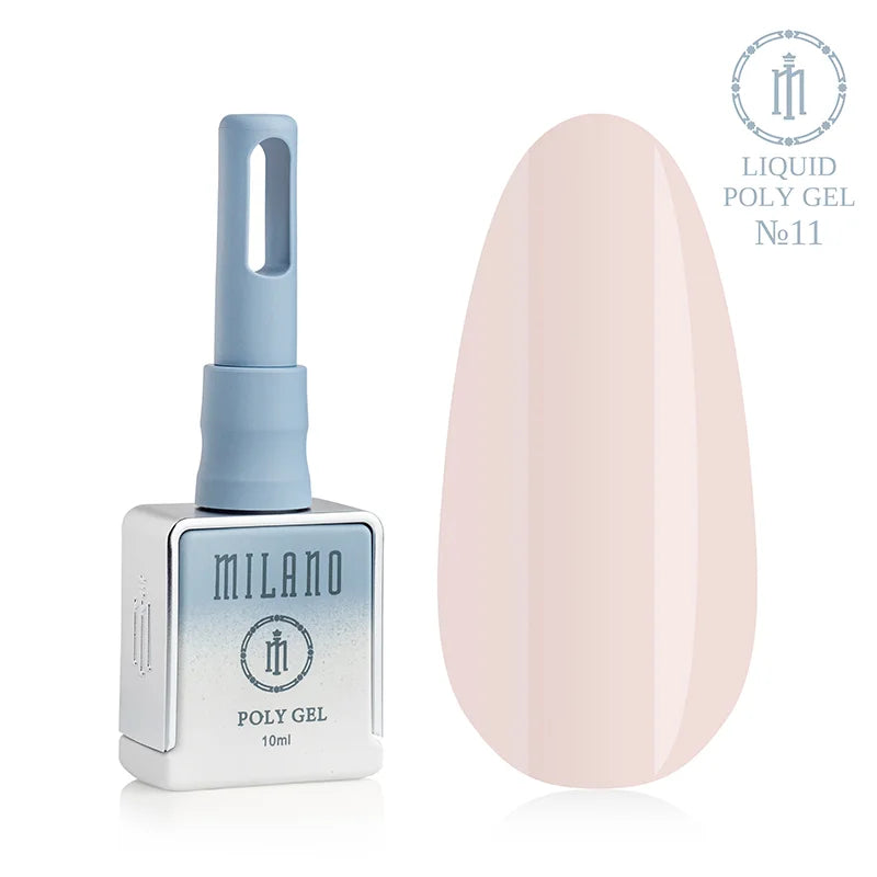 „Milano Liquid Poly Gel No. 11: бутилка от 10 мл със син градиент и демонстрация на елегантен светлобежов нюд нюанс върху голяма палитра от капки, осигуряваща плътно полупрозрачно покритие за създаване на естествен маникюр.“