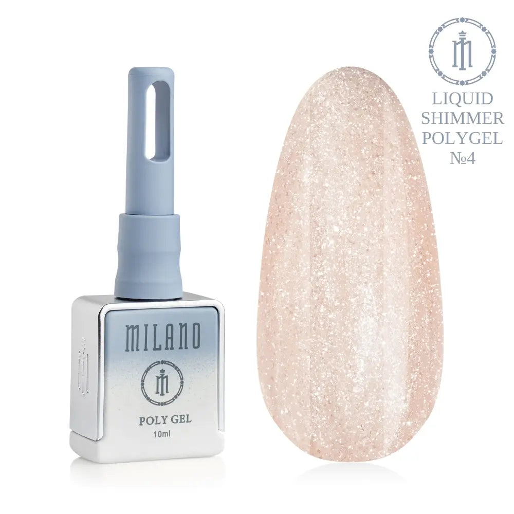 Представяне на Milano Liquid Shimmer Polygel No. 04: отляво е брандираният квадратен флакон от 10 мл в сиво-син градиентен дизайн, а отдясно е голям овален макет на върха, който демонстрира изискан светъл пастелно-лилав нюанс с плътен и деликатен сребрист микроблясък, на чисто бял фон.