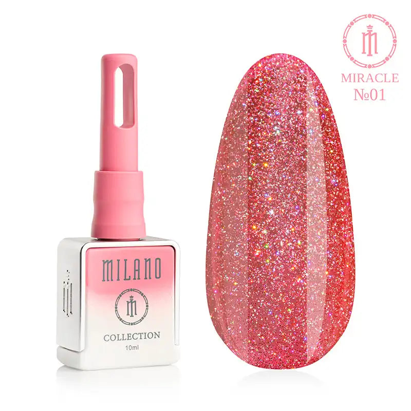 Гел лак Milano Miracle Collection № 01: бяла бутилка от 10 мл с розов градиент и демонстрация на ярък коралово-розов нюанс с плътен многоцветен микро-блясък, създаващ ефект на искрящ диамантен блясък върху голяма палитра от капки.