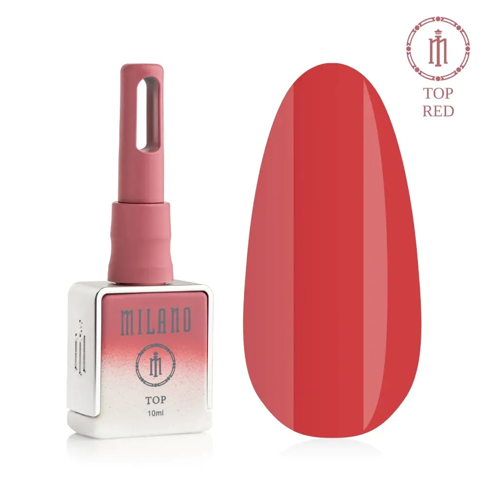 Рекламен банер за полупрозрачния червен топ за гел лак Milano Cosmetic Top Premium Red: в центъра е брандирана черна матова бутилка от 15 мл със златни букви и капачка, заобиколена от сочни червени лъскави капки и розови листенца на наситен тъмночервен фон с ефект на вътрешно сияние.