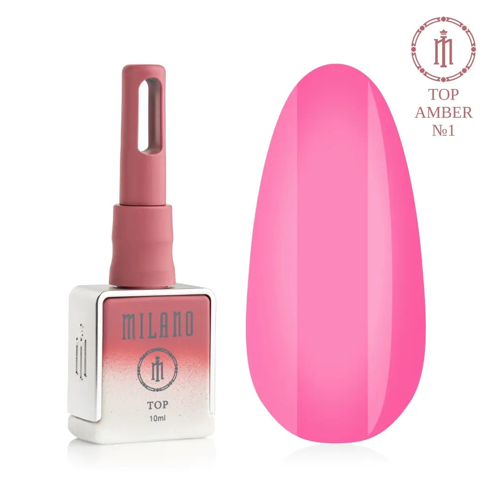 Рекламен банер за незалепващ гланцов капак Milano Cosmetic Top Premium Amber: отляво е брандираната черна матова бутилка от 15 мл със златна капачка, а отдясно е голяма палитра от шестнадесет номерирани кръгли мостри (от 01 до 16), показващи полупрозрачни витражи с кехлибарени и аквариумни ефекти.