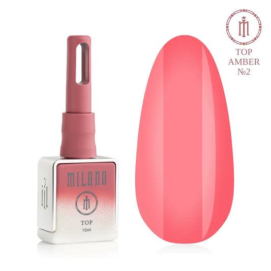 Рекламен банер за незалепващ гланцов капак Milano Cosmetic Top Premium Amber: отляво е брандираната черна матова бутилка от 15 мл със златна капачка, а отдясно е голяма палитра от шестнадесет номерирани кръгли мостри (от 17 до 32), показващи полупрозрачни витражи с кехлибарени и аквариумни ефекти.