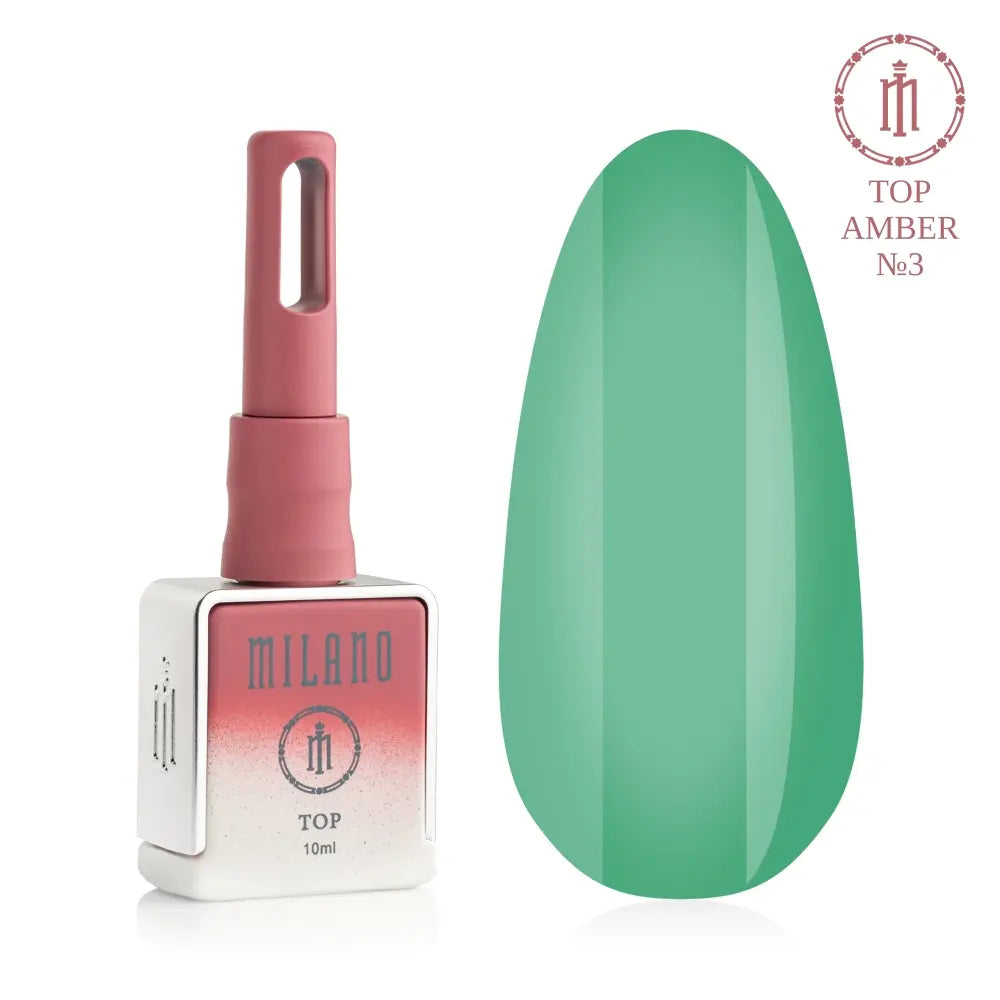 Рекламен банер за незалепващ гланцов капак Milano Cosmetic Top Premium Amber: отляво е брандираната черна матова бутилка от 15 мл със златна капачка, а отдясно е палитра от единадесет номерирани кръгли мостри (от 33 до 43), показващи полупрозрачни витражи с кехлибарени и аквариумни ефекти.