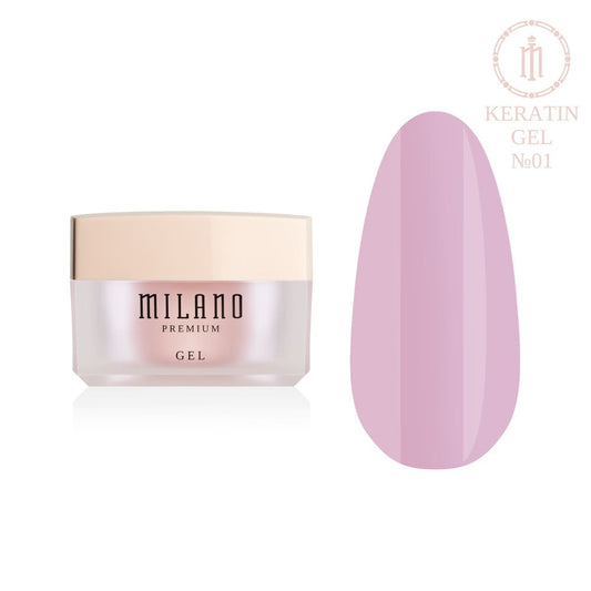 „Представяне на Milano Builder Gel Keratin Premium #01 Стягащ моделиращ гел с кератин #01: Отляво е характерният кръгъл бял буркан със сребърна марка, а отдясно е голям кръгъл макет на върха, показващ чисто млечнобял или порцеланов нюанс с безупречна гладка повърхност и лъскав блясък, на чисто бял фон“