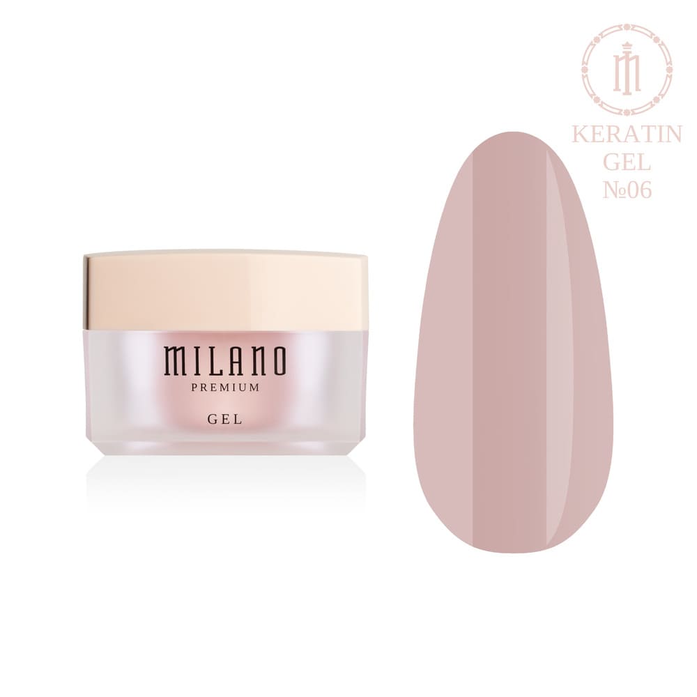 „Демонстрация на Milano Builder Gel Keratin Premium #06: отляво е характерният кръгъл бял буркан със сребърна марка, а отдясно е голям кръгъл макет на връх, който демонстрира наситено прашен розов или лилаво-гол камуфлажен нюанс с безупречно равномерно лъскаво покритие, на чисто бял фон“