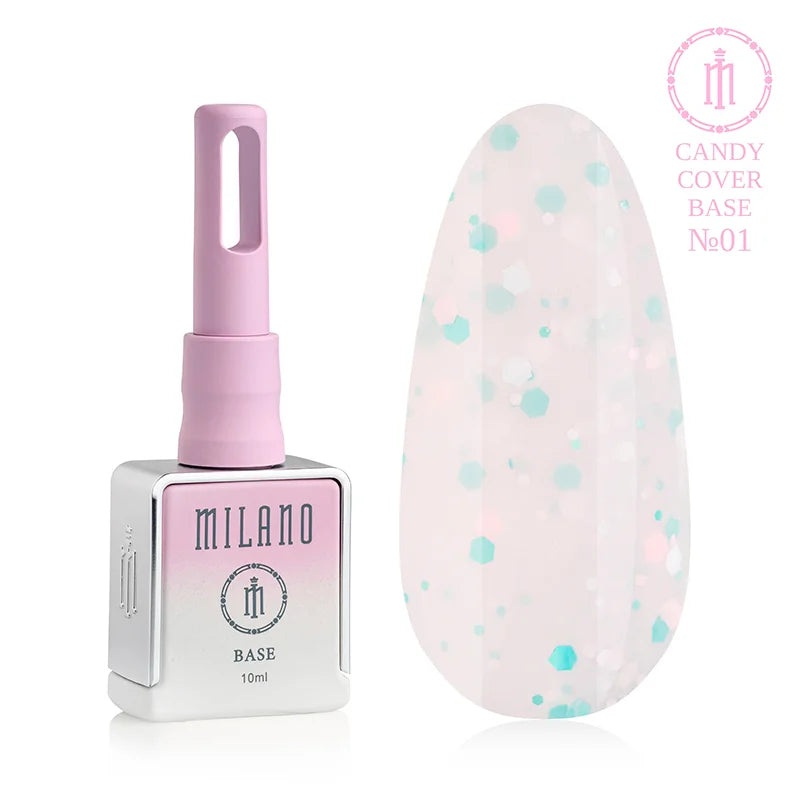 „Камуфлажна основа Milano Candy Cover Base No. 01: бяла бутилка от 10 мл с розово-лилав градиент и демонстрация на деликатен млечнобял нюанс, преплетен с бели, розови и тюркоазени шестоъгълни конфети (пайети) с различни размери върху голяма палитра.“