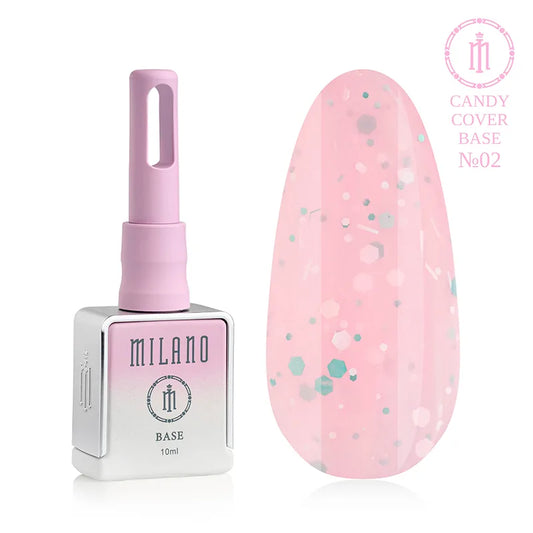 „Milano Candy Cover Base No. 02: бяла бутилка от 10 мл с розово-лилав градиент и демонстрация на деликатен пастелно-розов нюанс, преплетен с бели, сребърни и тюркоазени шестоъгълни конфети с различни размери върху голяма палитра от капки.“