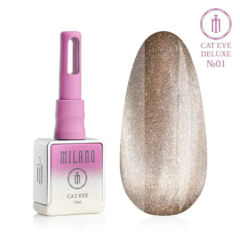 "Milano Cat Eye Deluxe Gel Polish: бутилка от 10 мл с розов градиент и палитра от шест луксозни, блестящи нюанса с магнитен ефект на котешко око на бял фон."