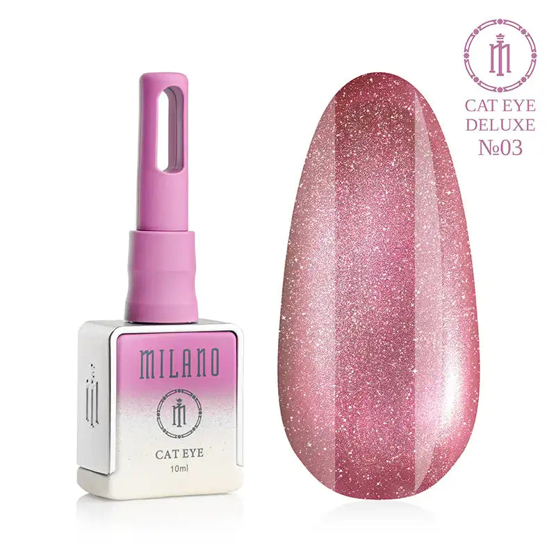 "Milano Cat Eye Deluxe Gel Polish #03: бутилка от 10 мл с розов градиент и демонстрация на сияен, наситен розов нюанс с ефект на котешко око върху голяма палитра от капки."