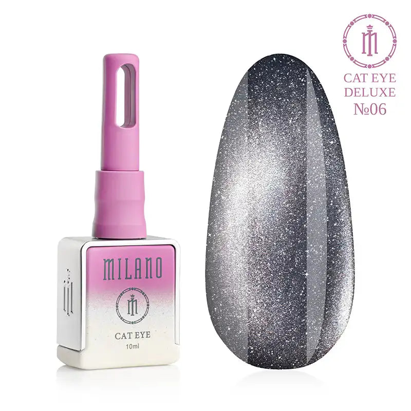 „Milano Cat Eye Deluxe Gel Polish #06: бутилка от 10 мл с розов градиент и демонстрация на сияен графитно-сив нюанс с ефект „котешко око“ върху голяма палитра от капки.“
