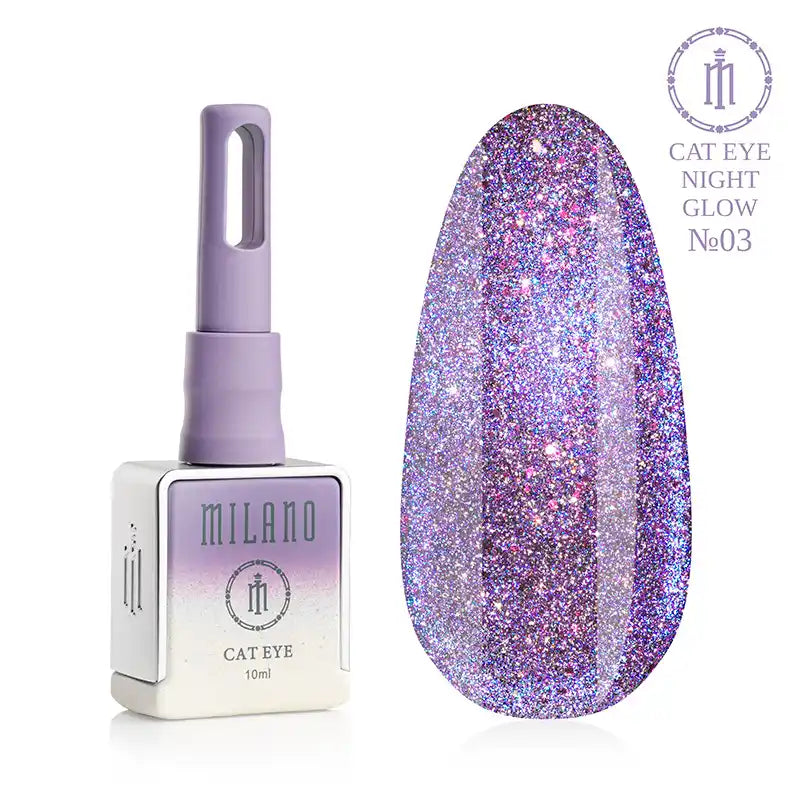 Гел лак Milano Cat Eye Night Glow #03: бутилка от 10 мл с лилав градиент и демонстрация на сияен лилаво-лилав нюанс с ефект „котешко око“ върху голяма палитра от капки.