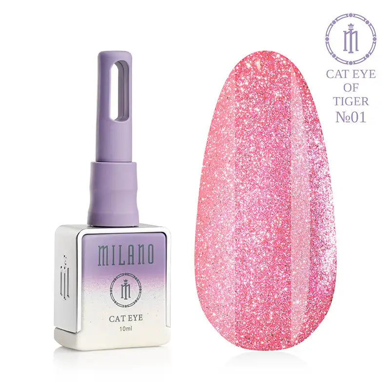 "Milano Cat Eye Of Tiger Gel Polish #01: бутилка от 10 мл с лилав градиент и демонстрация на ярък прасковено-розов нюанс с искрящ блясък и ефект "котешко око" върху голяма палитра от капки."