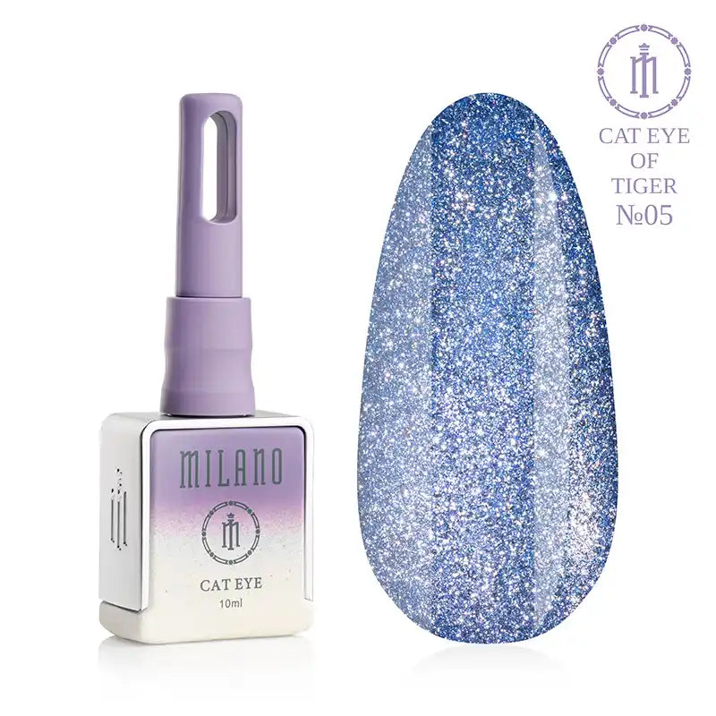 "Milano Cat Eye Of Tiger Gel Polish #05: Бутилка от 10 мл с лилав градиент и демонстрация на сияен небесносин нюанс с искрящ блясък и ефект на котешко око върху голяма палитра от капки."