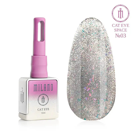 "Gel Polish Milano Cat Eye Space No. 03: бутилка от 10 мл с розово-бял градиент и демонстрация на сребрист нюанс с пръски цветна слюда (люспи), искрящ блясък и ефект на котешко око върху голяма палитра от капки."