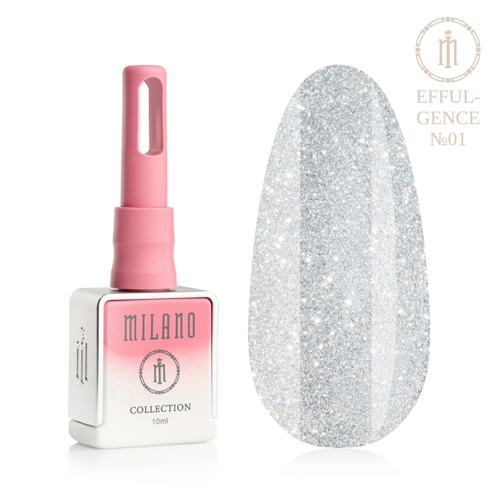 „Представяне на Milano Effulgence Collection Premium Gel Polish #01: Отляво е характерната квадратна бяла бутилка от 10 ml с розово-бял градиент и дълга розова капачка, а отдясно е голям овален макет на върха, показващ чист сребристо-леден нюанс, наситен с фин искрящ микроблясък с диамантен блестящ ефект, върху чисто бял фон.“