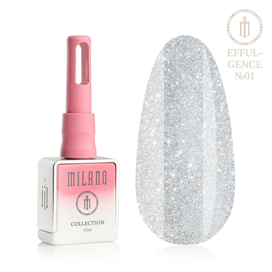 „Представяне на Milano Effulgence Collection Premium Gel Polish #01: Отляво е характерната квадратна бяла бутилка от 10 ml с розово-бял градиент и дълга розова капачка, а отдясно е голям овален макет на върха, показващ чист сребристо-леден нюанс, наситен с фин искрящ микроблясък с диамантен блестящ ефект, върху чисто бял фон.“