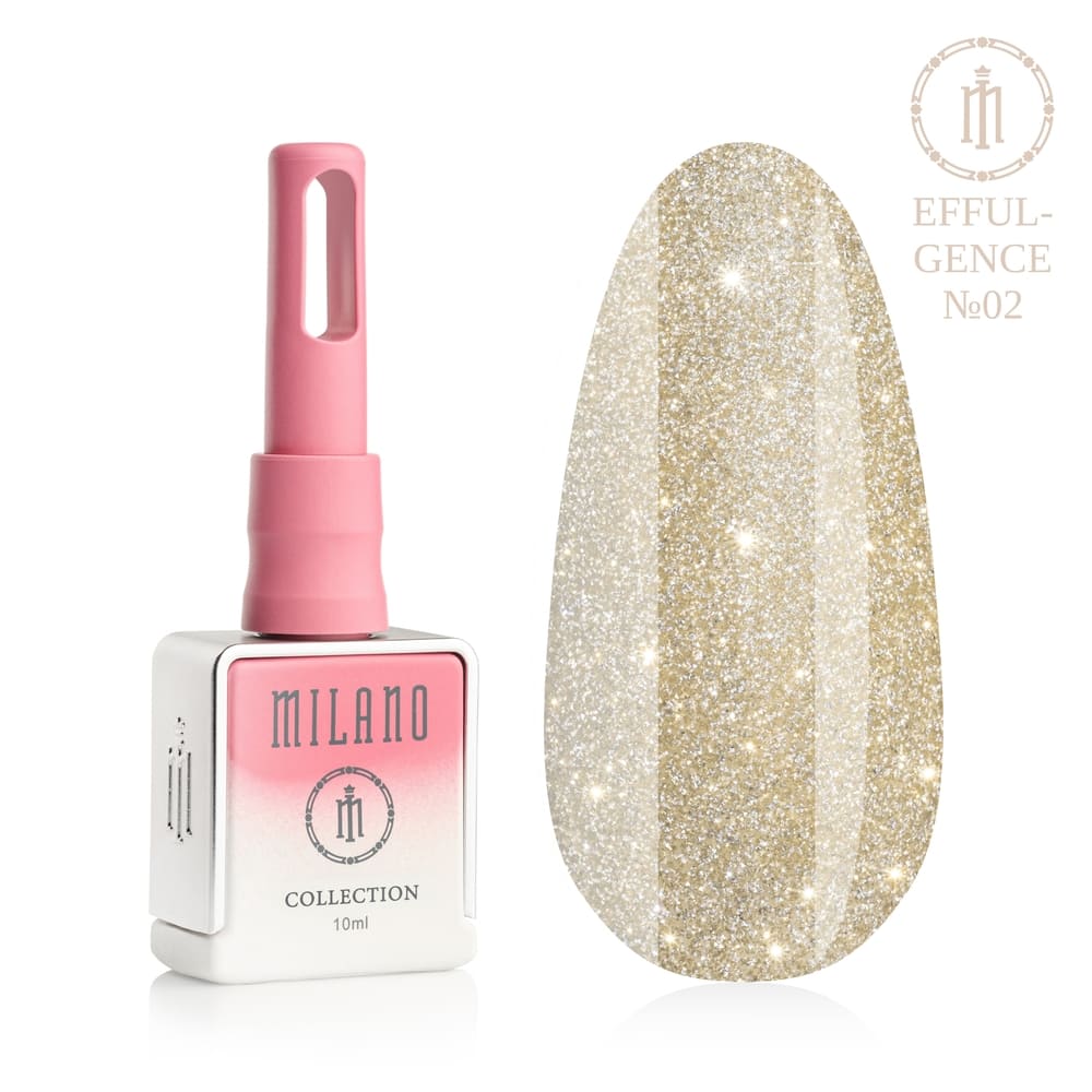 Представяне на Milano Effulgence Collection Premium Gel Lacquer #02: Отляво е знаковата квадратна бяла бутилка от 10 ml с розово-бял градиент и дълга розова капачка, а отдясно е голям овален макет на върха, показващ фин светло-златист искрящ нюанс на шампанско, наситен с много блестящи частици с луксозен слънчев блясък, върху чисто бяло фонове"
