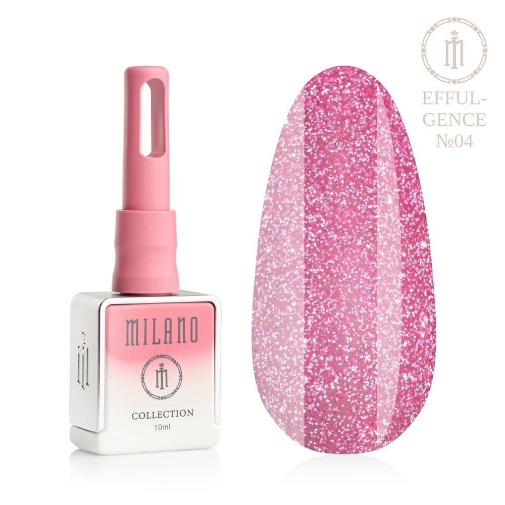 „Представяме ви Milano Effulgence Collection Premium Gel Polish #04: Отляво е характерната квадратна бяла бутилка от 10 ml с розово-бял градиент и дълга розова капачка, а отдясно е голям овален макет на върха, който демонстрира пищен бебешки розов нюанс, плътно опакован със сребристо-розов микроблясък за плътен искрящ завършек, върху чисто бял фон.“