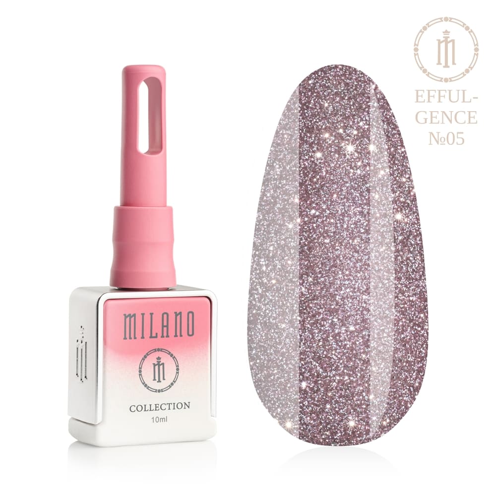 Представяне на Milano Effulgence Collection Premium Gel Lacquer #05: Отляво е знаковата квадратна бяла бутилка от 10 ml с розово-бял градиент и дълга розова капачка, а отдясно е голям овален макет на връх, който демонстрира наситен прашен розово-лилав нюанс, наситен със сребрист блясък с благороден вътрешен блясък, на чисто бял фон"