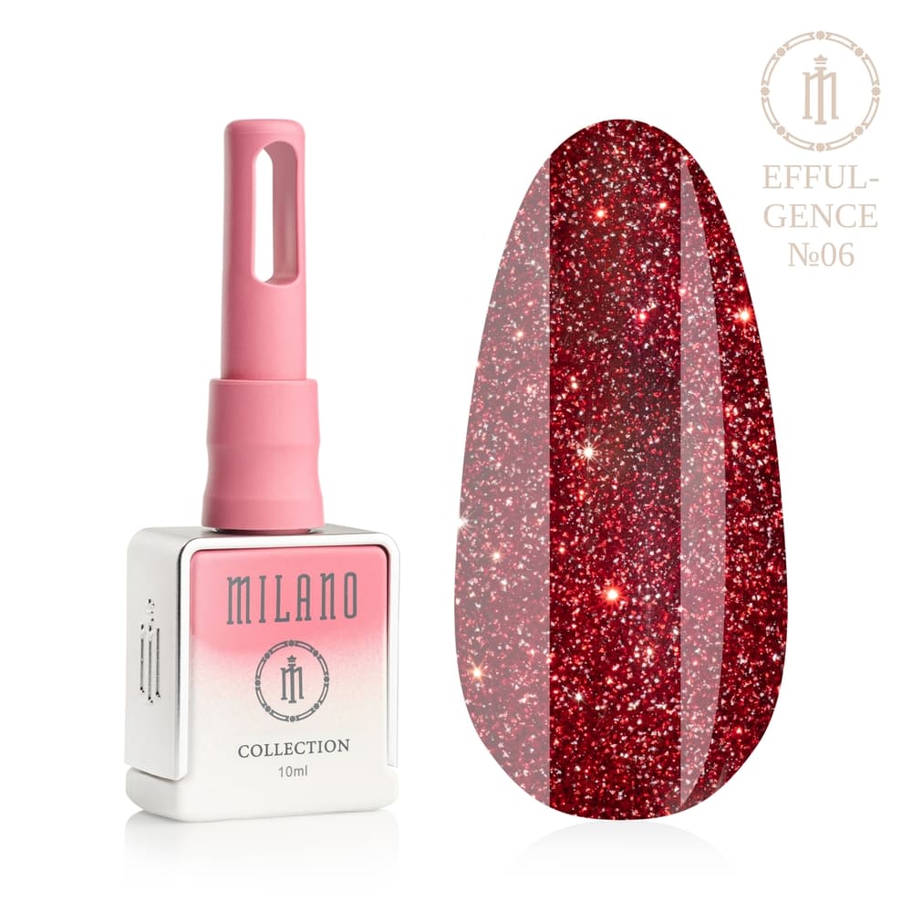 Представяне на Milano Effulgence Collection Premium Gel Polish #06: Отляво е характерната квадратна бяла бутилка от 10 ml с розово-бял градиент и дълга розова капачка, а отдясно е голям овален макет на връх, който демонстрира луксозен рубиненочервен или празничен бордо нюанс, пропит с огнен микроблясък с магнетичен блясък на скъпоценни камъни, върху чисто бял фон"