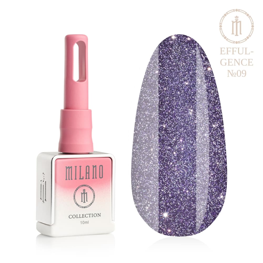 „Представяне на Milano Effulgence Collection Premium Gel Polish #09: Отляво е характерната квадратна бяла бутилка от 10 ml с розово-бял градиент и дълга розова капачка, а отдясно е голям овален макет на връх, който демонстрира жив лавандулов лилав нюанс, плътно опакован с фин сребрист блясък с ефект на магнетично диамантено сияние, на чисто бял фон“