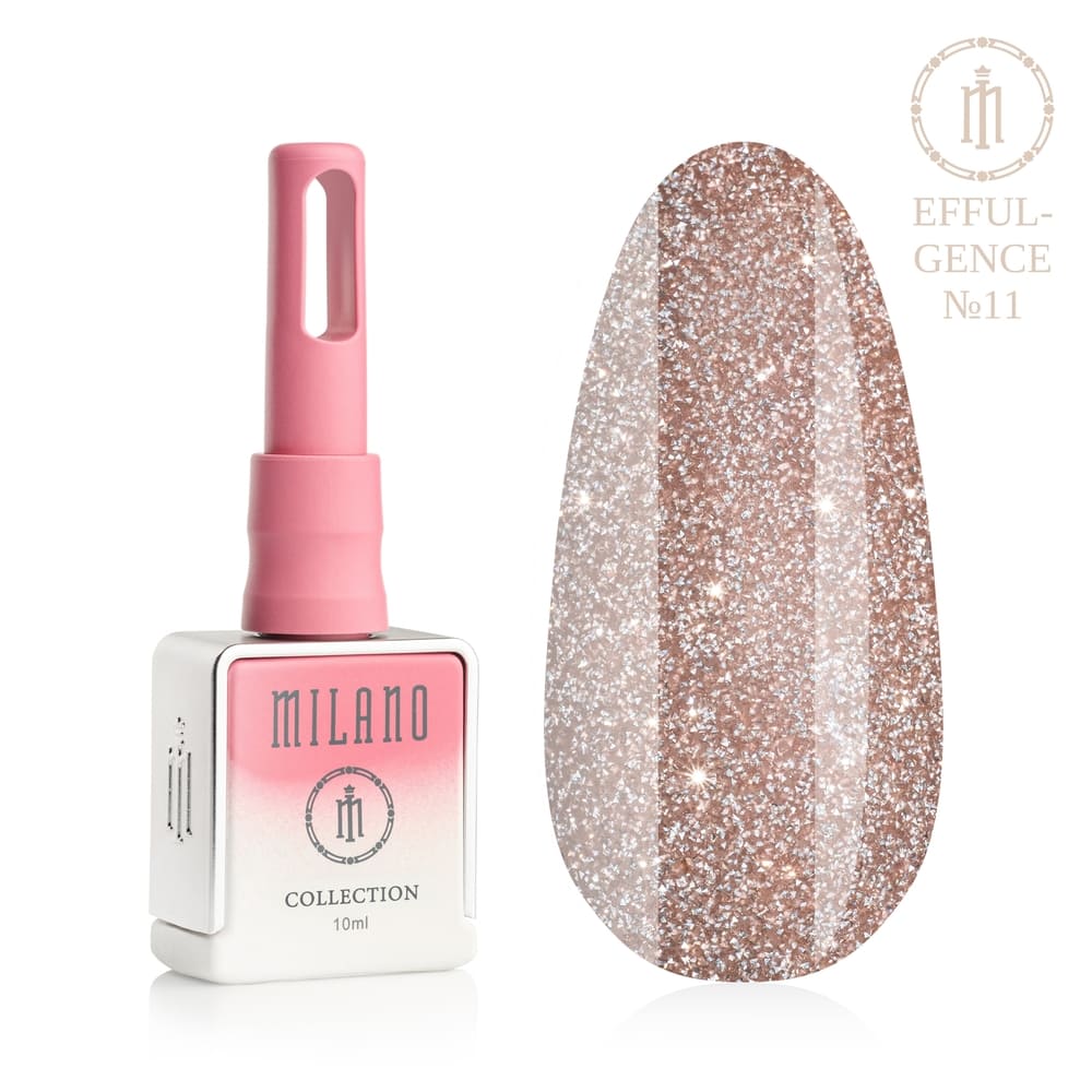 „Представяне на Milano Effulgence Collection Premium Gel Polish #11: отляво е характерната квадратна бяла бутилка от 10 ml с розово-бял градиент и дълга розова капачка, а отдясно е голям овален макет на върха, който показва луксозен и топъл нюанс на розово злато или мек светъл бронз, гъсто поръсен с блестящ микроблясък с фин метален отблясък, на чист бял фон"