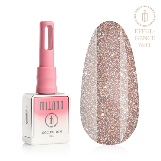 „Представяне на Milano Effulgence Collection Premium Gel Polish #11: отляво е характерната квадратна бяла бутилка от 10 ml с розово-бял градиент и дълга розова капачка, а отдясно е голям овален макет на върха, който показва луксозен и топъл нюанс на розово злато или мек светъл бронз, гъсто поръсен с блестящ микроблясък с фин метален отблясък, на чист бял фон"