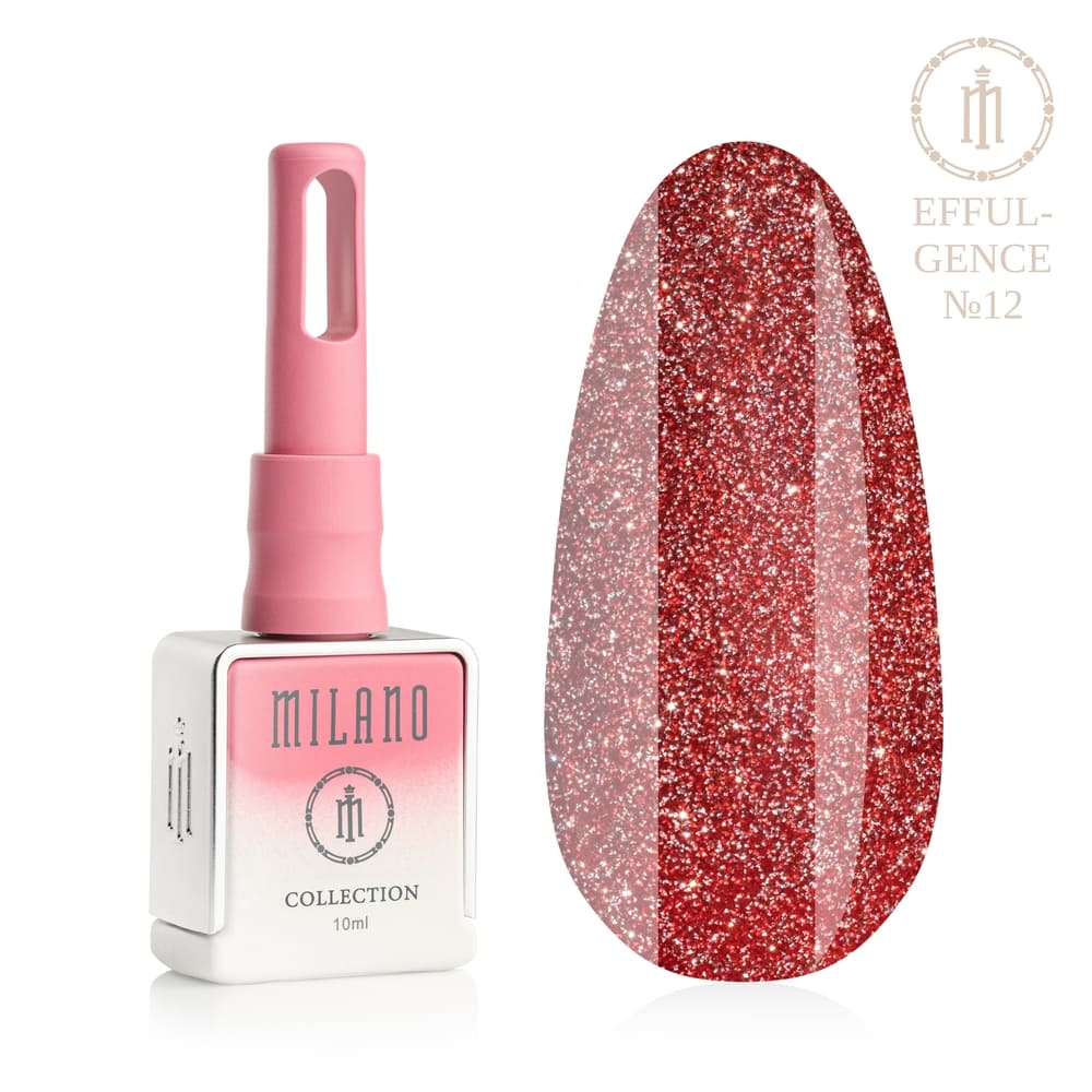 Представяне на Milano Effulgence Collection Premium Gel Polish #12: отляво е знаковата квадратна бяла бутилка от 10 ml с розово-бял градиент и дълга розова капачка, а отдясно е голям овален макет на върха, който показва изразителен огненочервен нюанс, плътно наситен с искрящ червен микроблясък с луксозен ваканционен блестящ ефект, върху чисто бял фон"