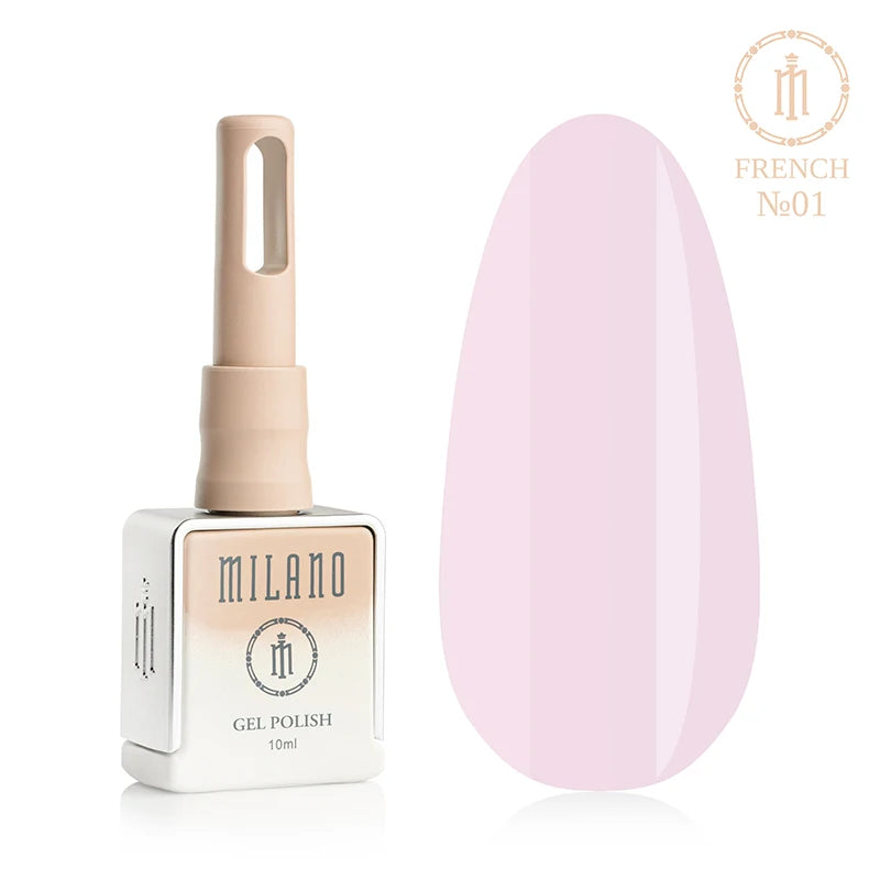 „Milano French Gel Polish No. 01: бутилка от 10 мл с елегантен бежов градиент и демонстрация на деликатен светлорозов нюанс върху голяма палитра от капки, идеална за създаване на класически френски маникюр или полупрозрачно нюд покритие.“