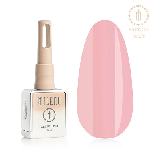 „Milano French Gel Polish No. 03: бутилка от 10 мл с характерен бежов градиент и демонстрация на класически полупрозрачен розов нюанс върху голяма палитра от капки, създаваща ефекта на нежни и добре поддържани нокти във френски маникюр.“
